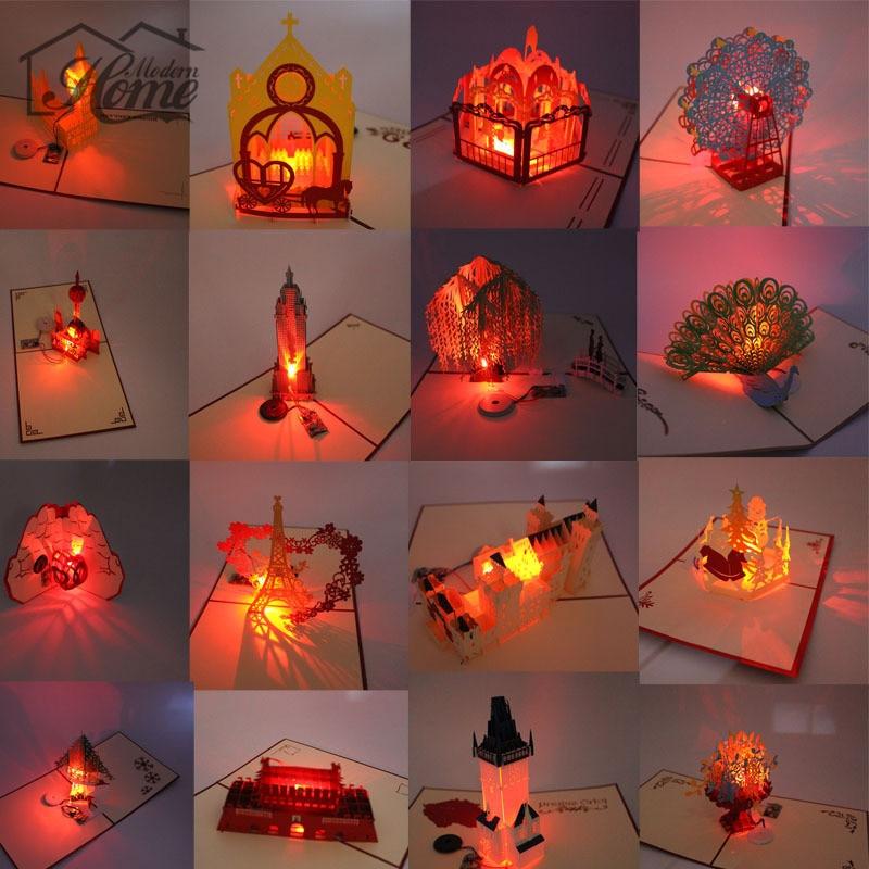 3D Laser Cut Pop Up Greeting Card LED Light Birthday Christmas Music Postcard With Envelope
