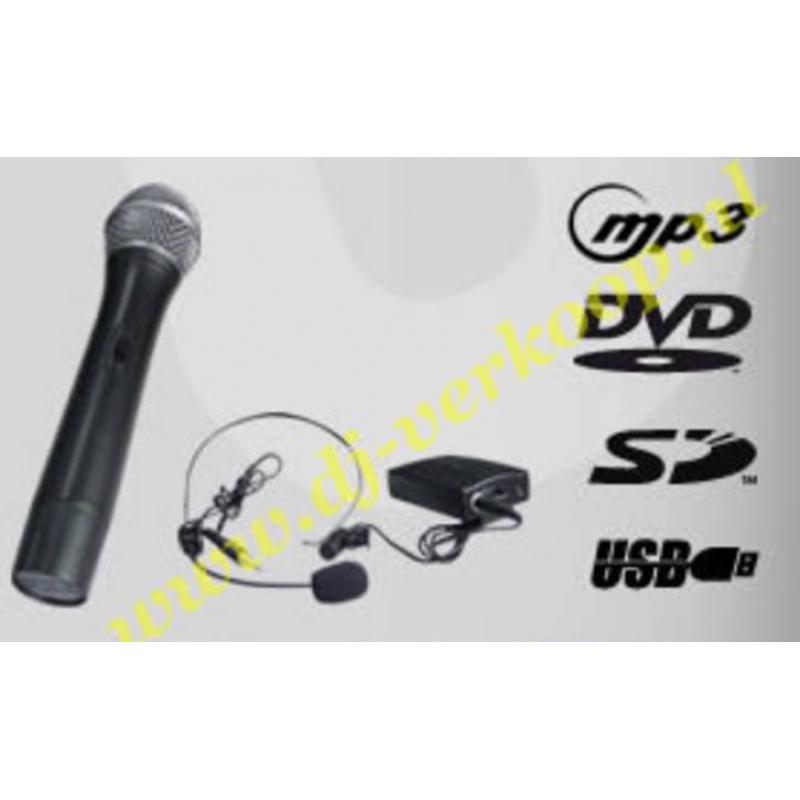 Mobiele PA met DVD/USB/MP3/FM/Karaoke + VHF mic. en bodypack