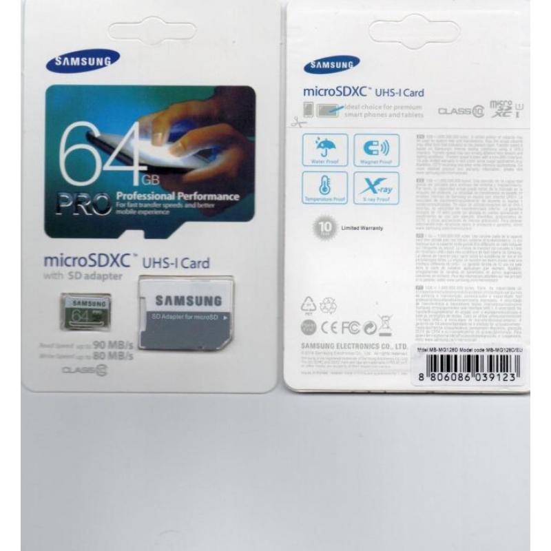 micro sd kaart 64gb Samsung PRO klasse 10 met adapter