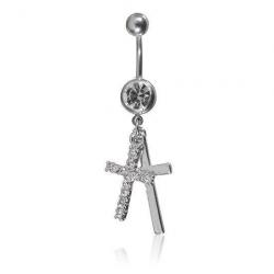 Crystal Double Cross Belly Button Navel Ring Body Piercing
