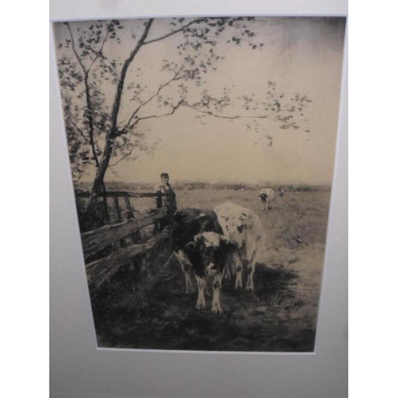 A. Mauve (1838-1888) 'Boer met koeien bij hek' 18 x 25,5 cm.