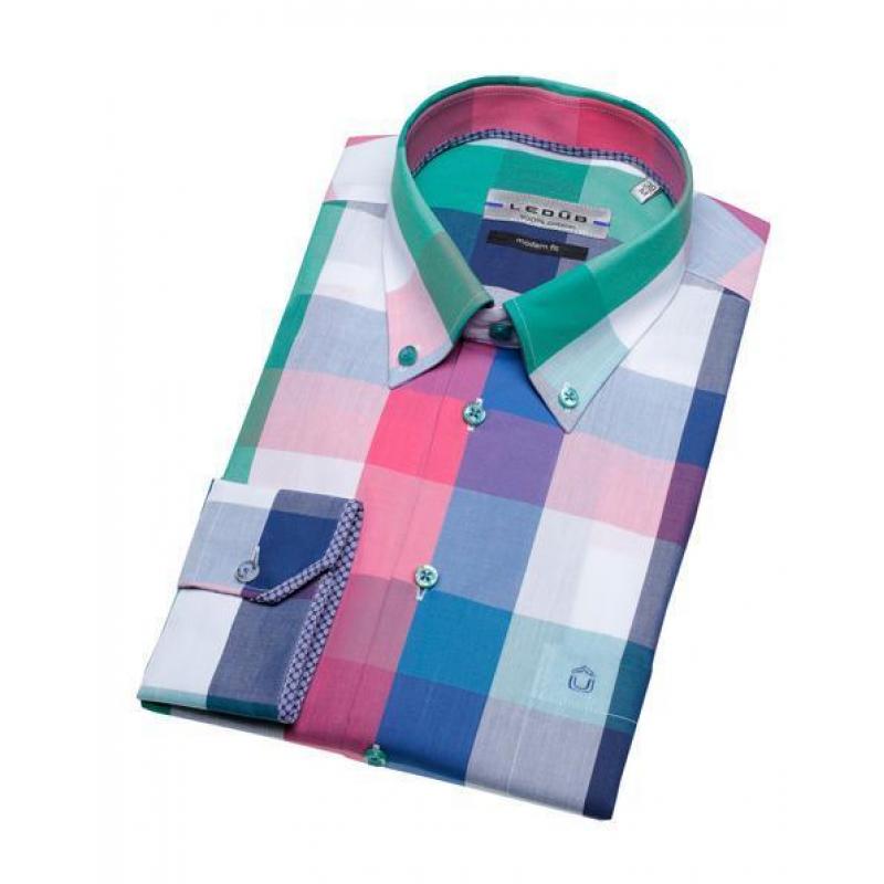 Ledûb dresshemd, geblokt blauw/roze/wit