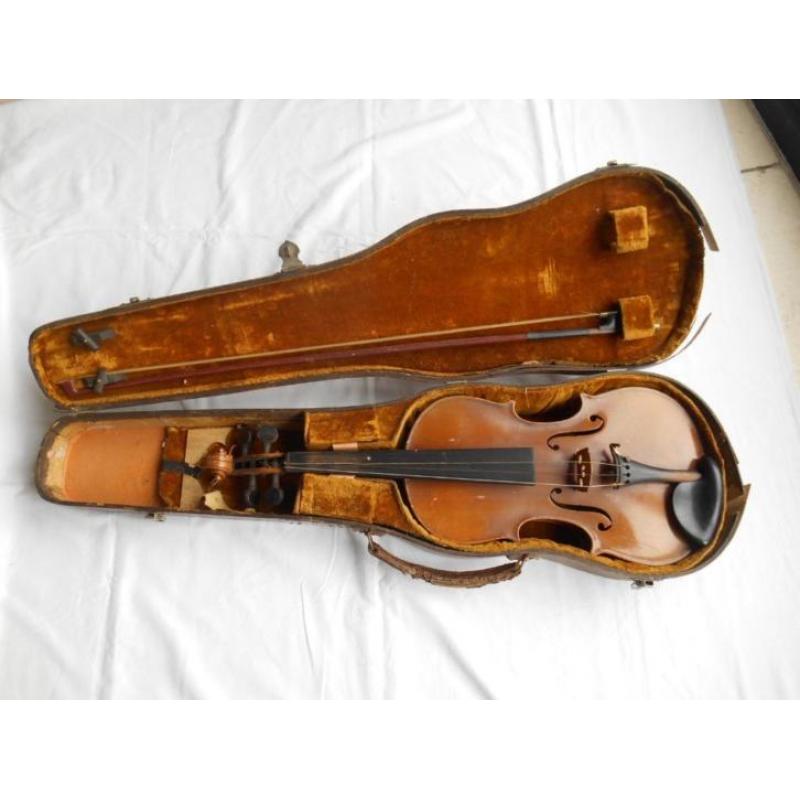Antieke Viool Stradivarius + Houten Vioolkist + Strijkstok