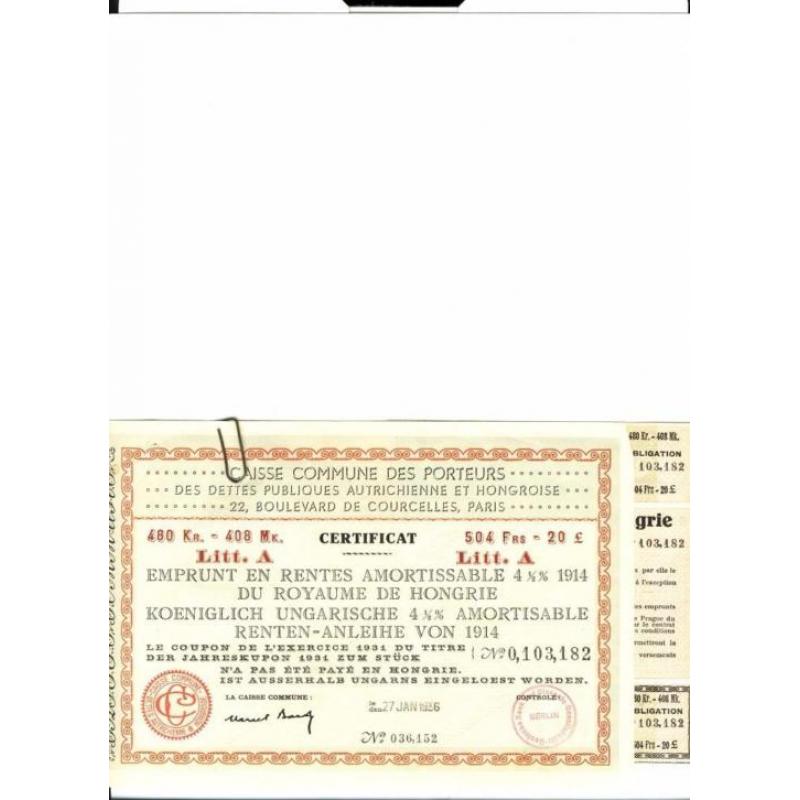 Certificaat Hongrie 480 kr 1936