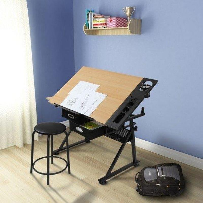 Tekentafel, bureau met dubbel werkblad en kruk