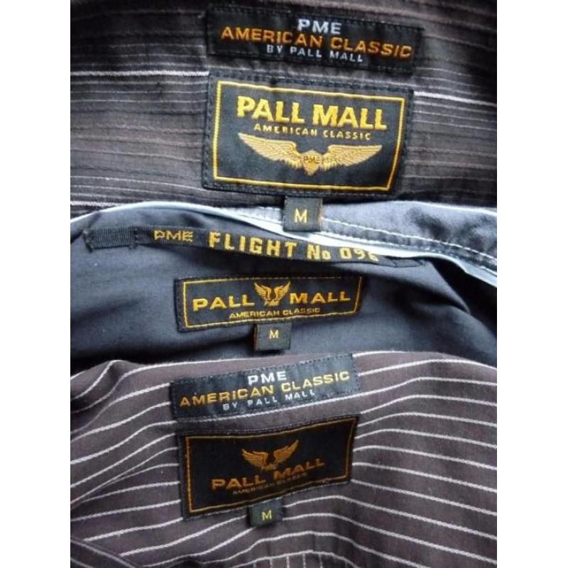 Pall Mall: Bruin streep-overhemd (3x) met logo.Maat M