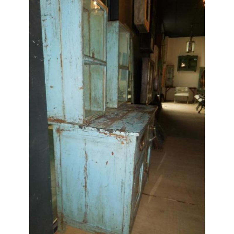 Uniek antiek turquoise vitrine kastje