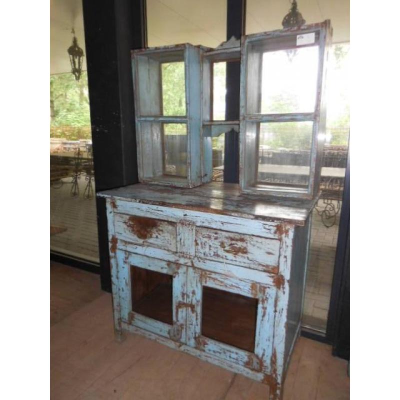 Uniek antiek turquoise vitrine kastje