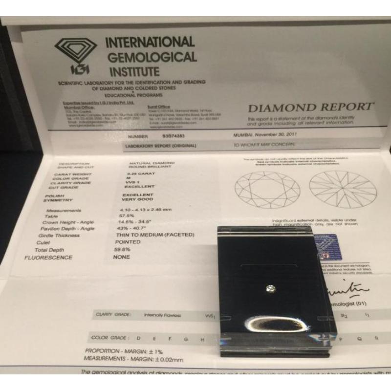 Diamant 0.25crt M VVS1 IGI gecertificeerd Exc Exc VG