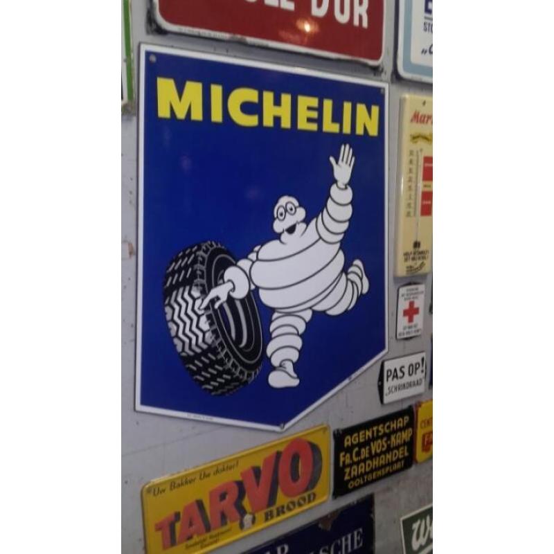 Emaille reclamebord Michelin Banden. Zaterdag 16 juli open.