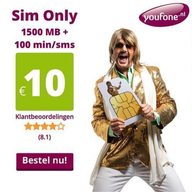 TOPDEAL Youfone Sim Only 1500 MB + 100 min/sms nu €10,-