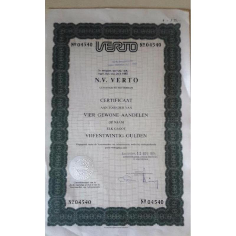 certificaat van aandeel N.V. Verto uit 1975 van 4 x NLG 25