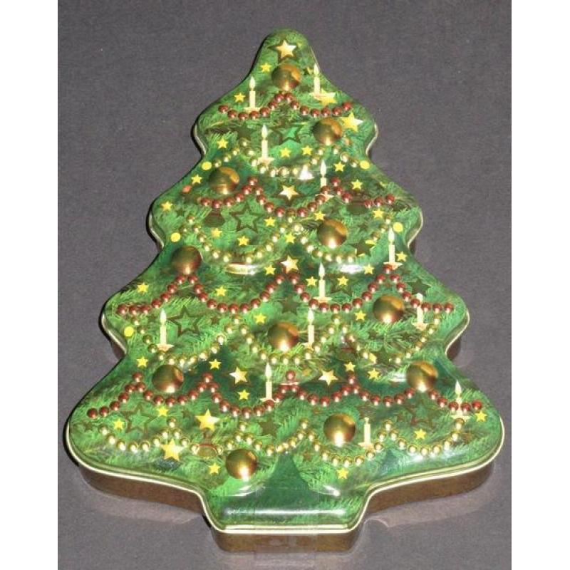 Klein (snoep)blik in de vorm van een kerstboom