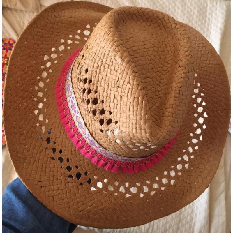 Ibiza hoed gevlochten roze goud lila band western nieuw
