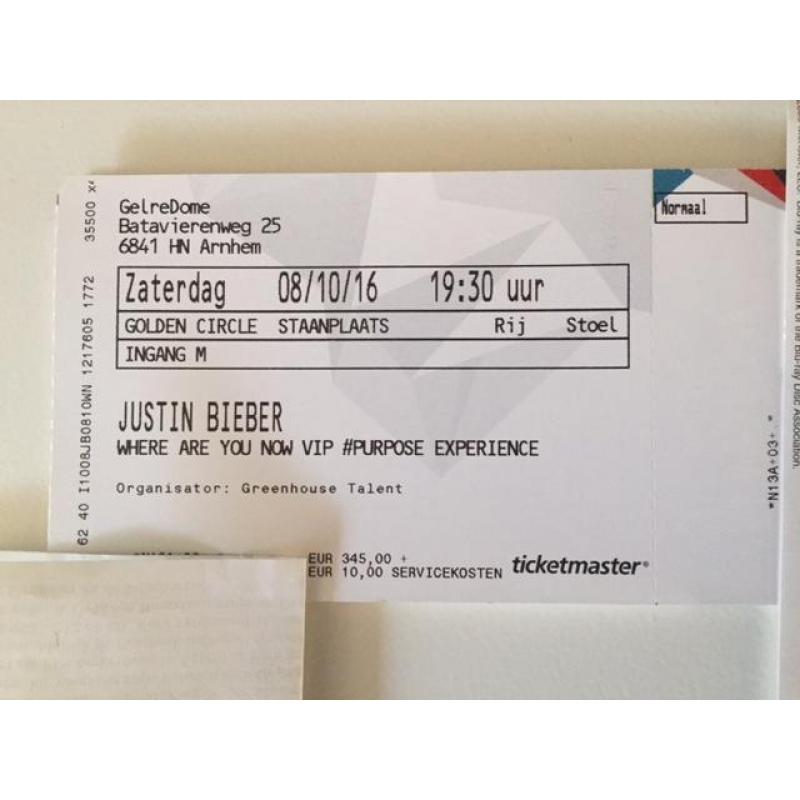 Te koop 4 Golden Circle VIP-Tickets Justin Bieber 08/10/2016