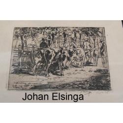 Johan Elsinga ets van Friese kunstenaar van een veemarkt