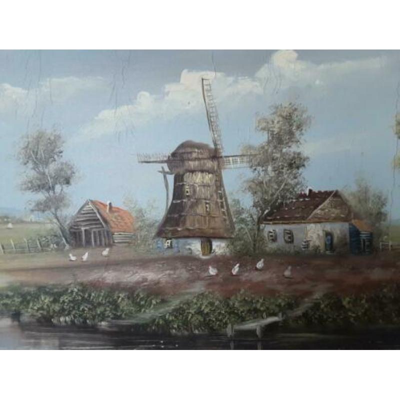 Schilderij Landschap met Molen en Huisjes