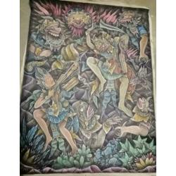 Groot Indonesië art doek krijgers tempera van voor 1948