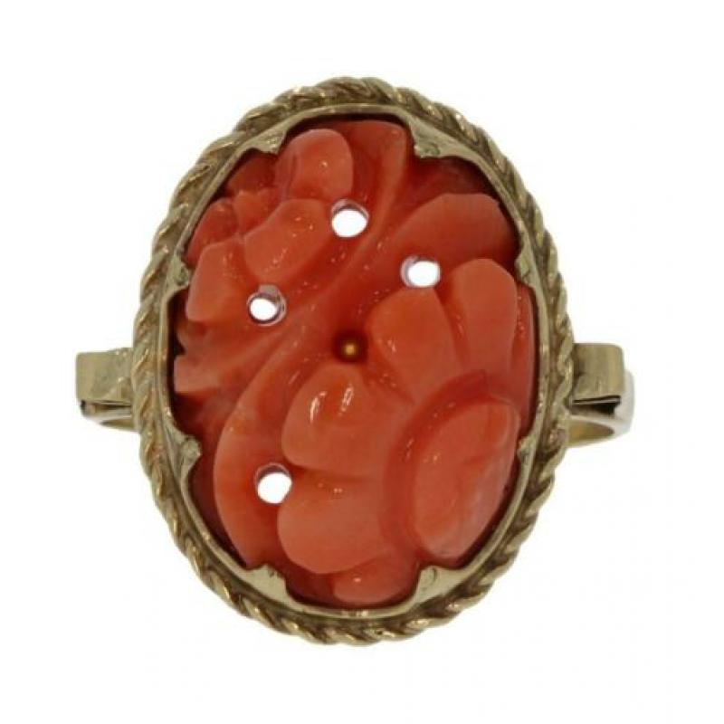 14 karaats gouden Vintage dames ring bloedkoraal bloem vorm