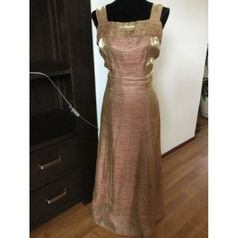 Goud/beige/roze kleurig satijn avond/gala jurk maat L