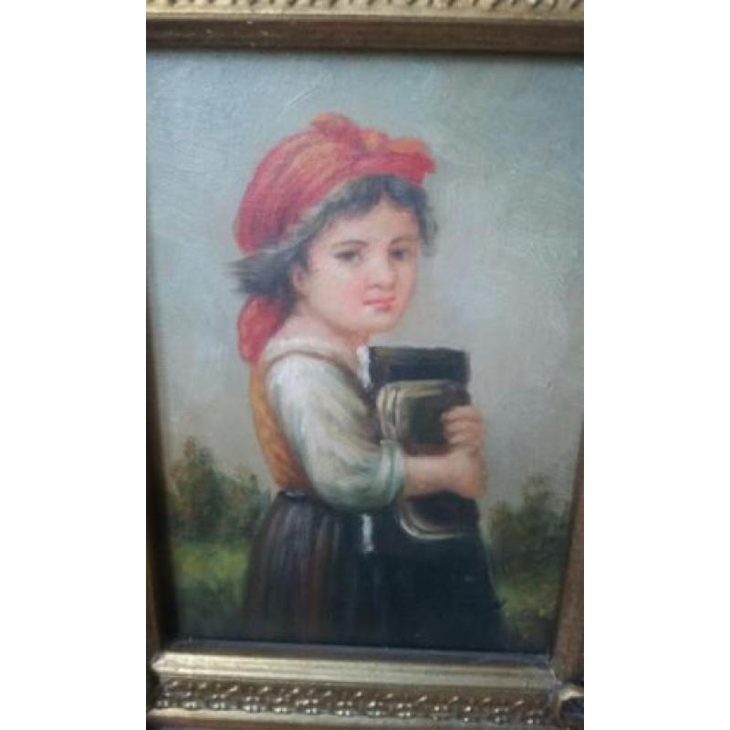 Prachtig portret meisje met boeken olieverf op paneel, lijst