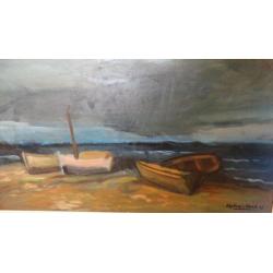Alphonse Mora "boten op het strand"