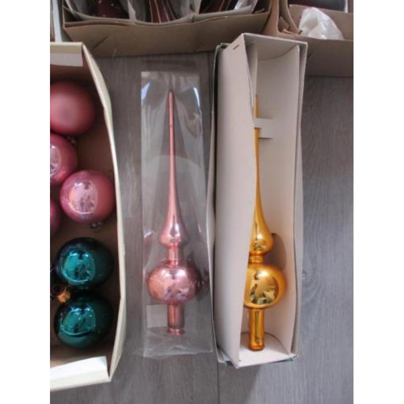 kerstballen/piek glas: goudkleurig/ blauw/ roze, kerstklokje