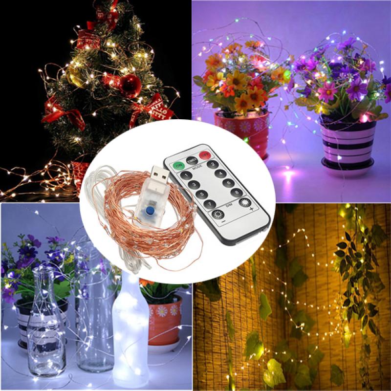 USB Powered 10M 5W 100LEDs Copper Wire String Light For Holiday Party 13Keys Remote Controller