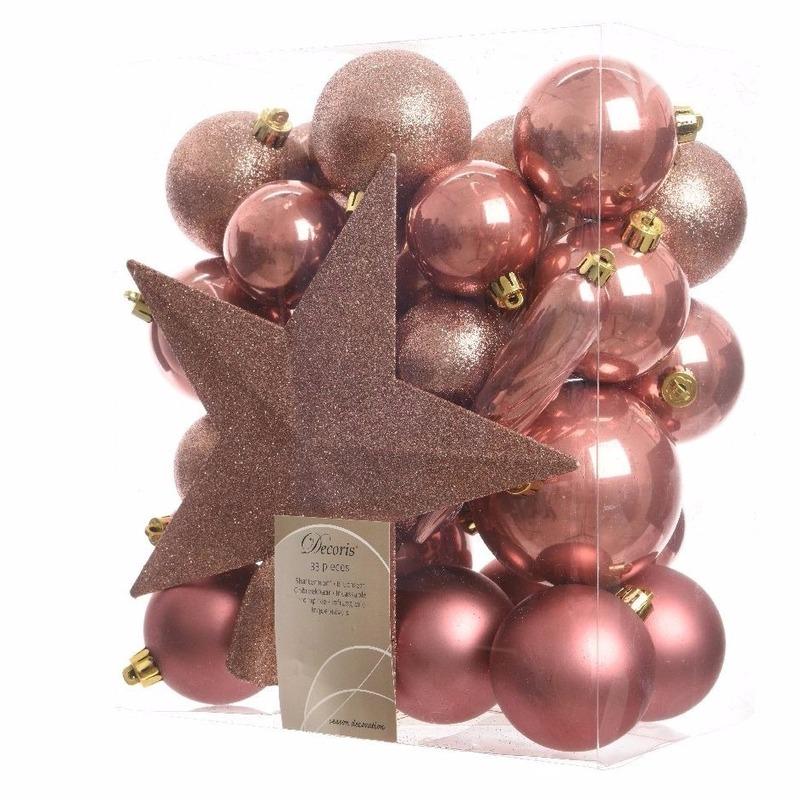 Kerst feestartikelen Geen Kerstboom decoratie kerstballen set roze 33 stuks